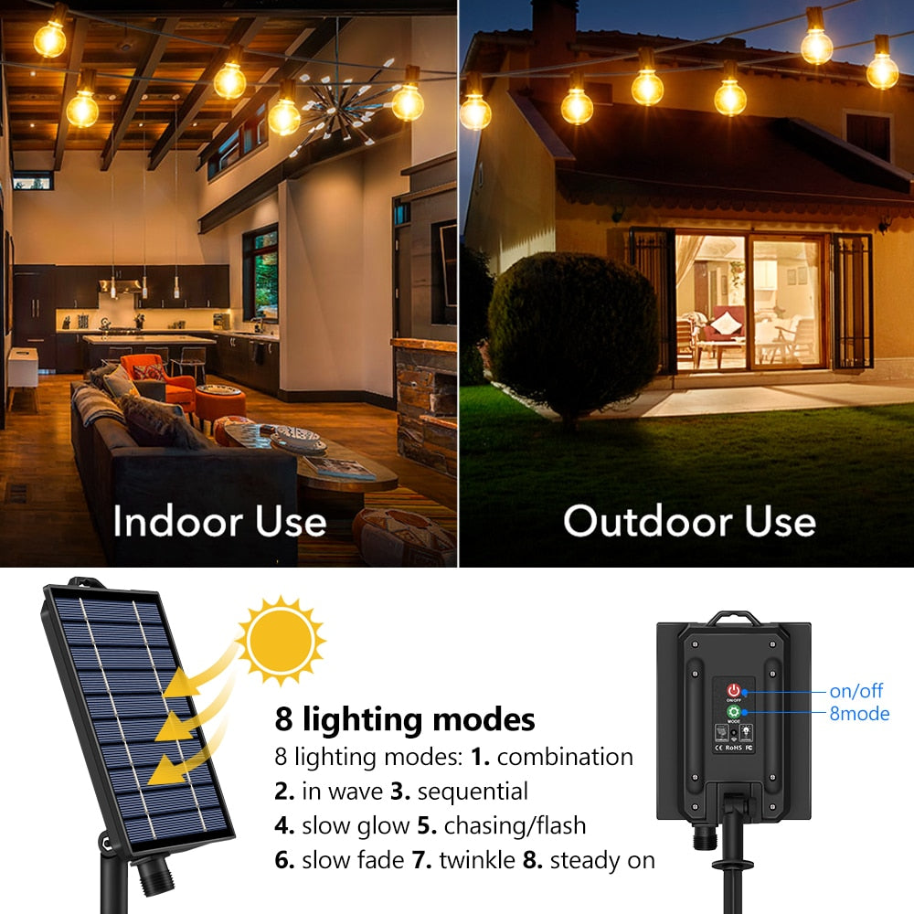 Guirnalda Luces LED USB para patio al aire libre, 8 modos de luz