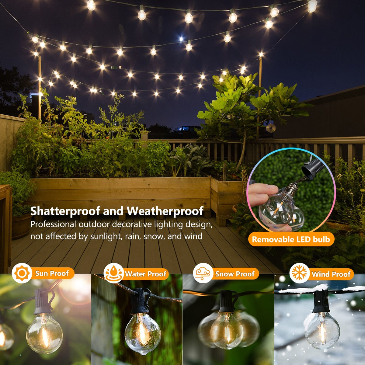 Guirnalda Luces LED USB para patio al aire libre, 8 modos de luz