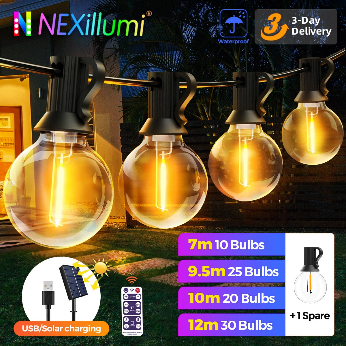 Guirnalda Luces LED USB para patio al aire libre, 8 modos de luz